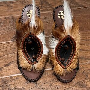 Tory Burch Brown and White Fur Sandals